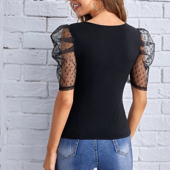 boho BLACK sheer puff sleeve v neck top - Picture 3 of 4